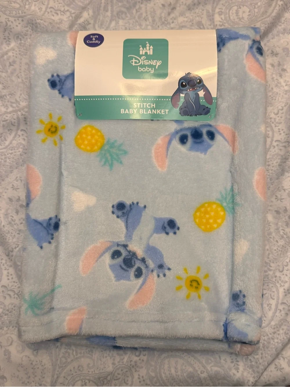 Disney Baby Light Blue Stitch Plush Blanket with Yellow Pineapple Accents